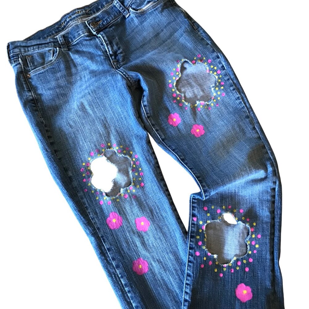 Upcycled Flower Cut-Out Jeans, Holey Distressed Funky Pants 10 Short - Picture 3 of 15